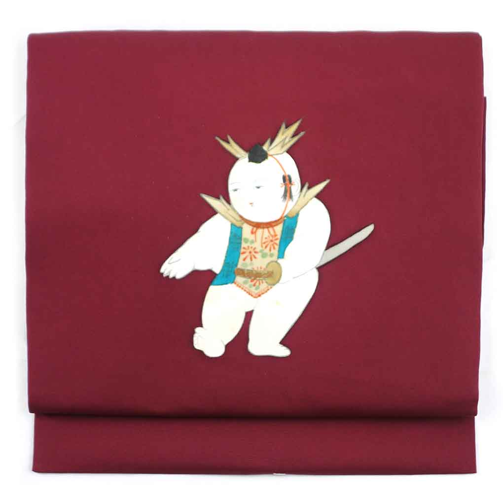 【中古】名古屋帯 リサイクル帯 幅30cm 長さ354cm レディース 唐子人形 秋冬春用 正絹（シルク）パープル 難有り リメイク リユース