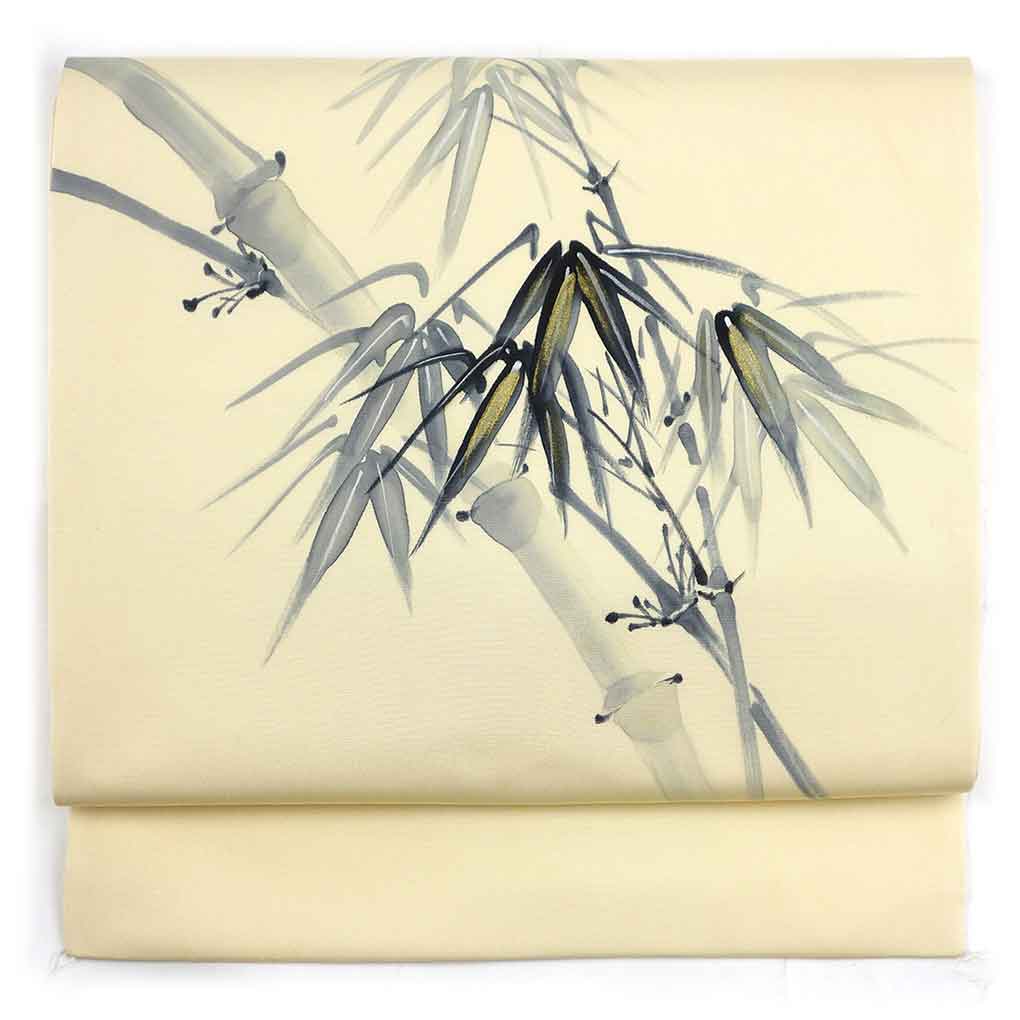 【中古】名古屋帯 リサイクル帯 幅32cm 長さ375cm レディース 笹 秋冬春用 正絹（シルク）イエロー やや難 リメイク リユース