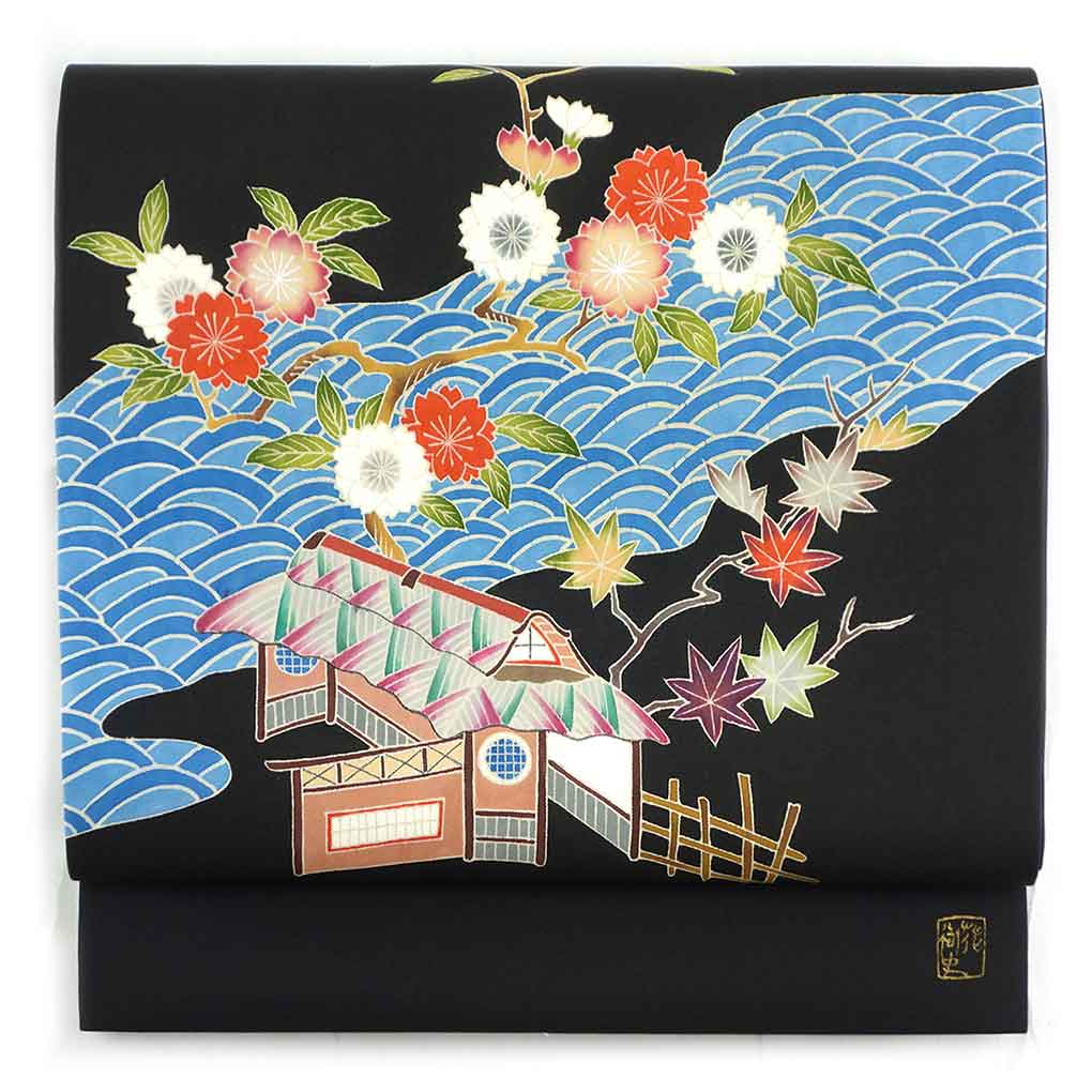 【中古】名古屋帯 リサイクル帯 幅30cm 長さ365cm レディース 青海波 秋冬春用 正絹（シルク）ブラック 未使用品 リメイク リユース