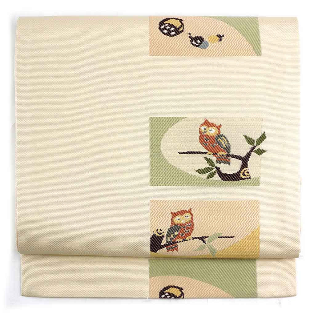 【中古】名古屋帯 リサイクル帯 幅31cm 長さ373cm レディース ふくろう 秋冬春用 正絹（シルク）ベージュ 美品 リメイク リユース