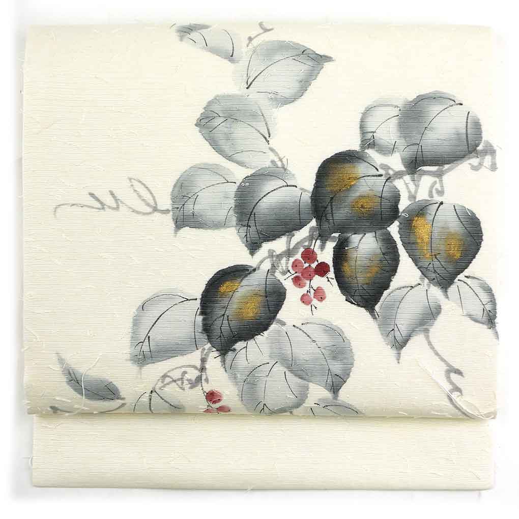 【中古】名古屋帯 リサイクル帯 幅30cm 長さ369cm レディース 薔薇柄 秋冬春用 正絹（シルク）ホワイト 未使用品 作家もの リメイク リユース