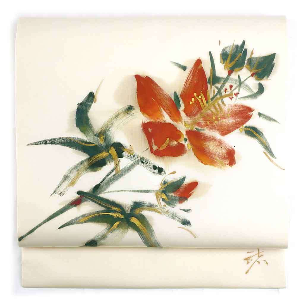 【中古】名古屋帯 リサイクル帯 幅30cm 長さ366cm レディース 花柄 秋冬春用 正絹（シルク）ホワイト やや難 リメイク リユース