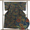 【中古】紬 リサイクル着物 身丈158cm 裄63cm 前幅23cm 後幅29cm 袖丈52cm 正絹(シルク) レディース 袷仕立 秋冬春用 紺地 裄Mサイズ...