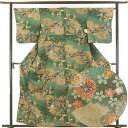【中古】小紋 リサイクル着物 身丈161cm 裄65cm 前幅24cm 後幅28cm 袖丈49cm 正絹(シルク) レディース 袷仕立 秋冬春用 緑地 裄Mサイ...