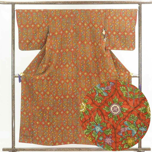【中古】小紋 リサイクル着物 身丈156cm 裄66cm 前幅23.5cm 後幅28cm 袖丈48cm 正絹(シルク) レディース 袷仕立 秋冬春用 赤地 裄Mサイズ 美品 リユース 【中古】小紋 リサイクル着物 身丈156cm 裄66cm 前幅23.5cm 後幅28cm 袖丈48cm 正絹(シルク) レディース 袷仕立 秋冬春用 赤地 裄Mサイズ 美品 リユース
