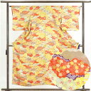 【中古】小紋 リサイクル着物 身丈154cm 裄64cm 前幅22.5cm 後幅28cm 袖丈48cm 正絹(シルク) レディース 袷仕立 秋冬春用 黄色地 裄...