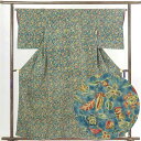 【中古】小紋 リサイクル着物 身丈160cm 裄65cm 前幅26cm 後幅30cm 袖丈49cm 正絹(シルク) レディース 袷仕立 秋冬春用 緑地 裄Mサイ...