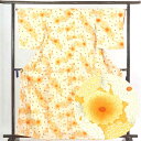 【中古】小紋 リサイクル着物 身丈163cm 裄66cm 前幅24.5cm 後幅29cm 袖丈50cm 正絹(シルク) レディース 袷仕立 菊 秋冬春用 オレンジ地 裄Mサイズ トールサイズ 未使用品 リユース