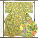【中古】小紋 リサイクル着物 身丈155cm 裄62cm 前幅25cm 後幅29.5cm 袖丈49cm 正絹(シルク) レディース 袷仕立 秋冬春用 緑地 裄S...