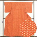 【中古】小紋 リサイクル着物 身丈159cm 裄64cm 前幅23cm 後幅30cm 袖丈49cm 正絹(シルク) レディース 袷仕立 秋冬春用 オレンジ地 裄...