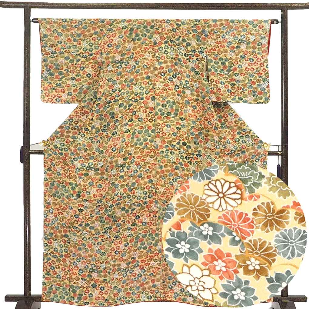 小紋 リサイクル着物 身丈163cm 裄64cm 前幅23cm 後幅29cm 袖丈48cm 袖幅33cm レディース 袷 花柄 裄Mサイズ 秋冬春用 正絹（シルク）黄色地 美品 リメイク リユース【中古】