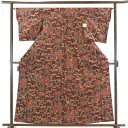 【中古】紬 リサイクル着物 身丈162cm 裄64cm 前幅25cm 後幅28cm 袖丈49cm 正絹(シルク) レディース 袷仕立 牡丹 秋冬春用 茶色 裄M...