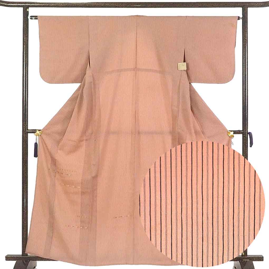【中古】付下 リサイクル着物 身丈163cm 裄丈65cm 前幅26cm 後幅31cm 袖丈45cm 袖幅33cm レディース 単衣 横段柄 裄Mサイズ 初夏・初秋用 正絹(シルク)ピンク 難有り リメイク リユース