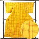 【中古】紬 リサイクル着物 身丈159cm 裄63cm 前幅23cm 後幅29cm 袖丈49cm 正絹(シルク) レディース 袷仕立 格子 秋冬春用 黄色地 裄...