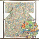 【中古】小紋 リサイクル着物 身丈156cm 裄63cm 前幅23cm 後幅28cm 袖丈48cm 正絹(シルク) レディース 袷仕立 秋冬春用 緑地 裄Mサイ...