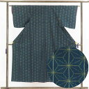 【中古】紬 リサイクル着物 身丈152cm 裄63cm 前幅22.5cm 後幅28cm 袖丈47cm 正絹(シルク) レディース 袷仕立 麻の葉 秋冬春用 緑地...