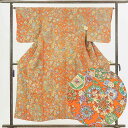 【中古】小紋 リサイクル着物 身丈152cm 裄64cm 前幅23cm 後幅30cm 袖丈47cm 正絹(シルク) レディース 袷仕立 秋冬春用 オレンジ地 裄...