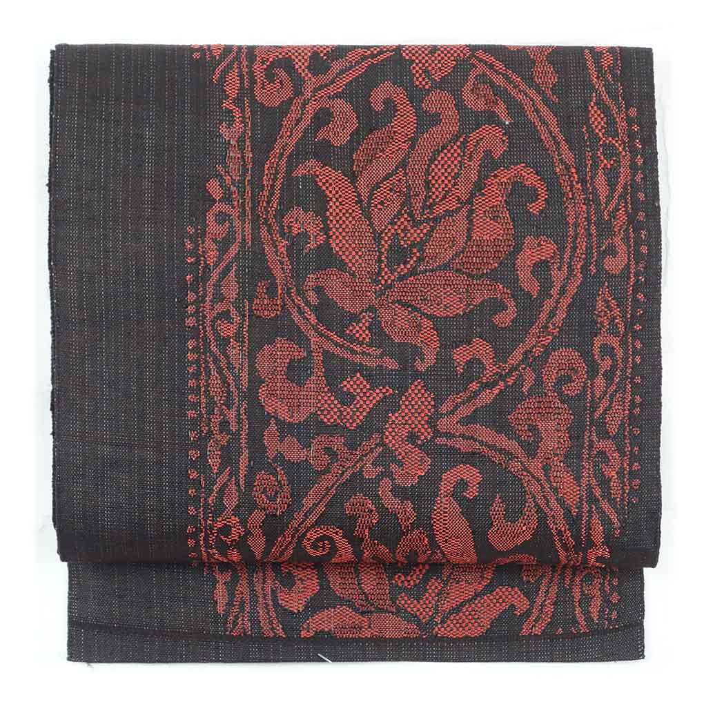 【中古】名古屋帯 リサイクル着物 幅30.5cm 長さ355cm レディース 花柄 秋冬春用 正絹(シルク)黒地 美品 リメイク リユース