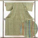 【中古】紬 リサイクル着物 身丈155cm 裄62cm 前幅23cm 後幅28cm 袖丈45cm 正絹(シルク) レディース 袷仕立 縞 秋冬春用 緑地 裄Sサ...