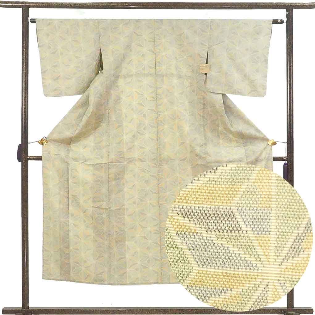 【中古】紬 リサイクル着物 身丈150cm 裄63cm 前幅23cm 後幅27cm 袖丈44cm 袖幅32cm レディース 単衣 麻の葉 裄Mサイズ 初夏・初秋用 ..