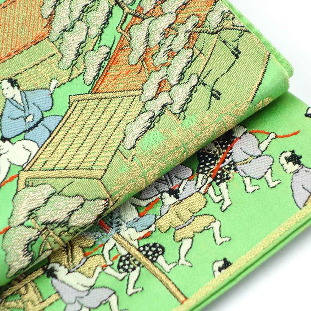【中古】袋帯 リサイクル帯 幅30cm 長さ408cm レディース 祇園祭 秋冬春用 正絹（シルク）グリーン やや難 リメイク リユース