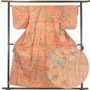 【中古】小紋 リサイクル着物 身丈160cm 裄64cm 前幅24.5cm 後幅31cm 袖丈48cm 正絹(シルク) レディース 袷仕立 秋冬春用 オレンジ地...