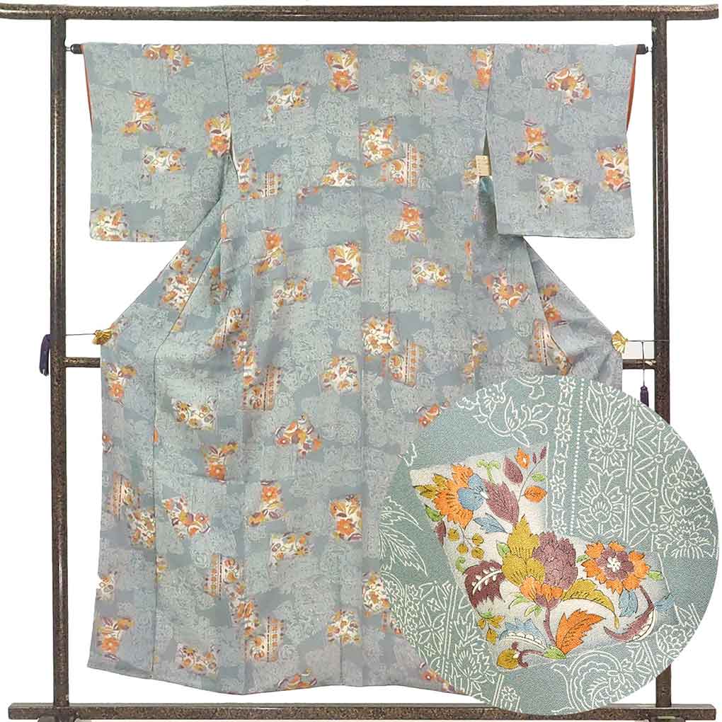 【中古】小紋 リサイクル着物 身丈155cm 裄65cm 前幅23cm 後幅28.5cm 袖丈47cm 袖幅32.5cm レディース 袷 花柄 裄Mサイズ 秋冬春用 正絹(シルク)グレー 美品 リメイク リユース
