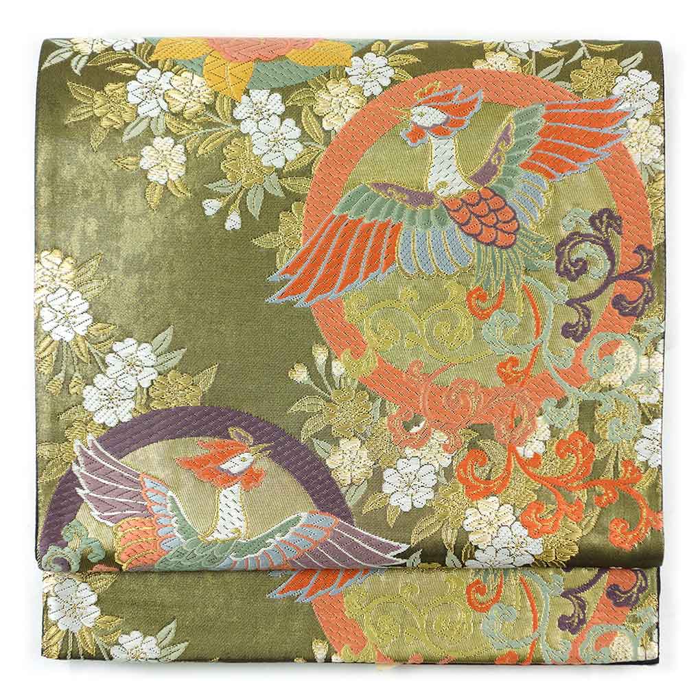 【中古】袋帯 リサイクル帯 幅30.5cm 長さ437cm レディース 鳳凰 秋冬春用 正絹(シルク)ゴールド 未使用品 リメイク リユース