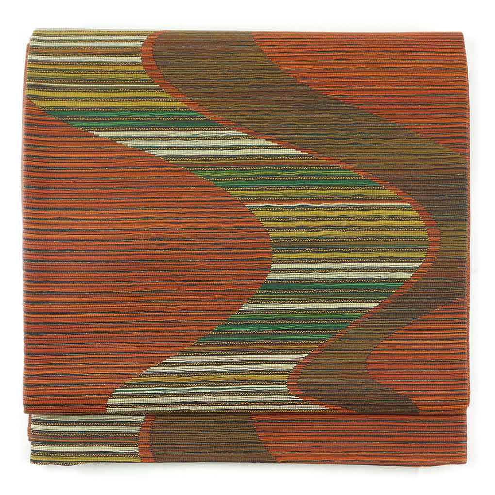 【中古】袋帯 リサイクル帯 幅31cm 長さ435cm レディース 横段柄 秋冬春用 正絹（シルク）ブラウン 美..