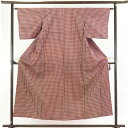 【中古】紬 リサイクル着物 身丈155cm 裄62cm 前幅24cm 後幅29.5cm 袖丈45cm 正絹(シルク) レディース 袷仕立 格子 秋冬春用 ピンク...