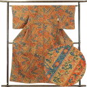 【中古】小紋 リサイクル着物 身丈156cm 裄63cm 前幅24cm 後幅28cm 袖丈49cm 正絹(シルク) レディース 袷仕立 秋冬春用 茶色 裄Mサイ...
