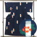 【中古】紬 リサイクル着物 身丈160cm 裄64cm 前幅23.5cm 後幅29cm 袖丈49cm 正絹(シルク) レディース 袷仕立 椿 秋冬春用 紺地 裄...