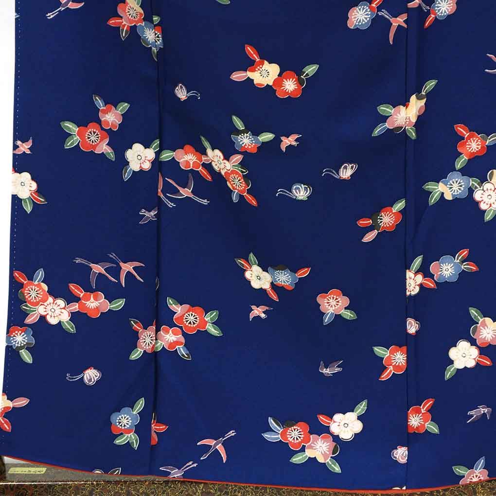 【中古】小紋 リサイクル着物 身丈158cm 裄65cm 前幅26cm 後幅28cm 袖丈48cm 袖幅34cm レディース 袷 花柄 裄Mサイズ 秋冬春用 正絹（シルク）ネイビー やや難 リメイク リユース