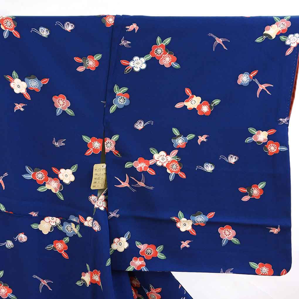 【中古】小紋 リサイクル着物 身丈158cm 裄65cm 前幅26cm 後幅28cm 袖丈48cm 袖幅34cm レディース 袷 花柄 裄Mサイズ 秋冬春用 正絹（シルク）ネイビー やや難 リメイク リユース