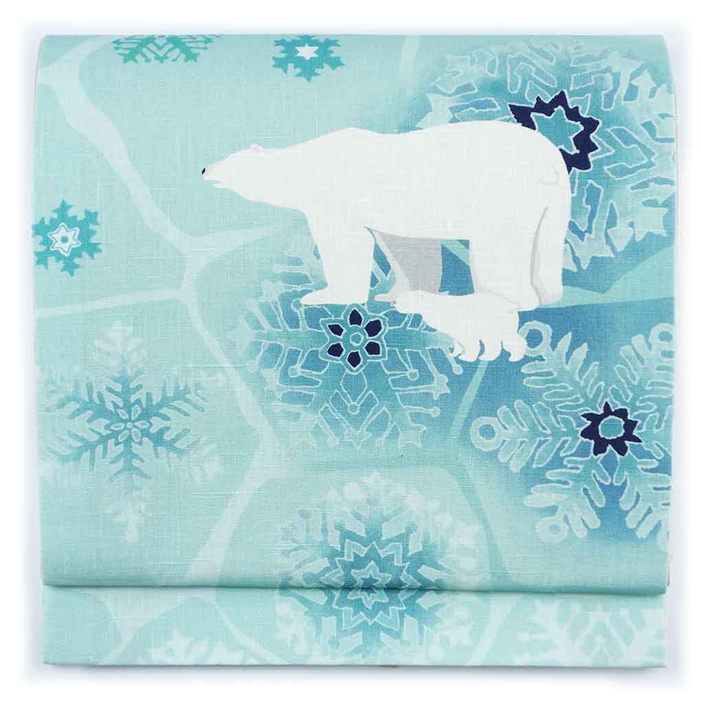 【中古】京袋帯 リサイクル帯 幅31cm 長さ375cm レディース シロクマと雪の結晶 夏用 麻 ブルー 未使用品 リメイク リユース