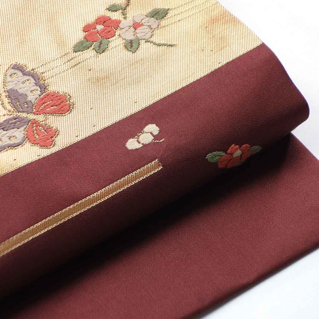 リサイクル着物 呉服のきくやの【中古】名古屋帯 リサイクル帯 幅30cm 長さ356cm レディース 横段柄 秋冬春用 正絹（シルク）ブラウン 美品 リメイク リユース｜アングル3