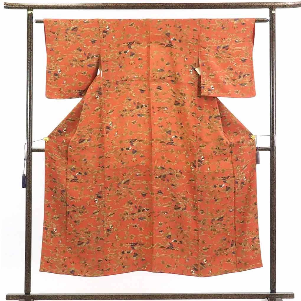 【中古】小紋 リサイクル着物 身丈149cm 裄61cm 前幅23cm 後幅29cm 袖丈47cm 正絹(シルク) レディース 袷仕立 秋冬春用 茶色 裄Sサイズ 美品 リユース