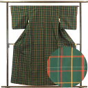【中古】紬 リサイクル着物 身丈159cm 裄64cm 前幅22.5cm 後幅30cm 袖丈48cm 正絹(シルク) レディース 袷仕立 格子 秋冬春用 緑地 ...