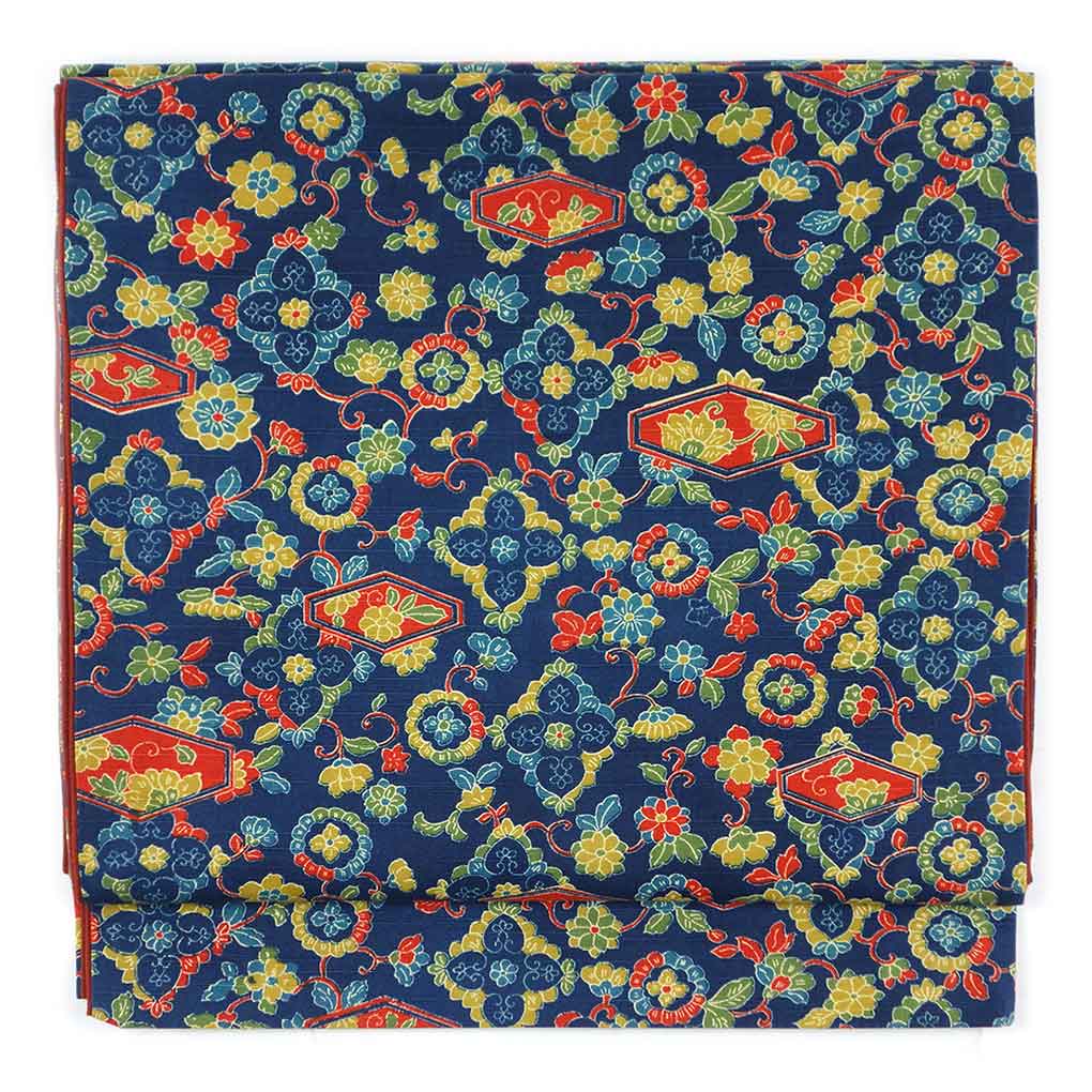 【中古】京袋帯 リサイクル帯 幅31cm 長さ362cm レディース 花柄 秋冬春用 正絹（シルク）ネイビー 美品 リメイク リユース