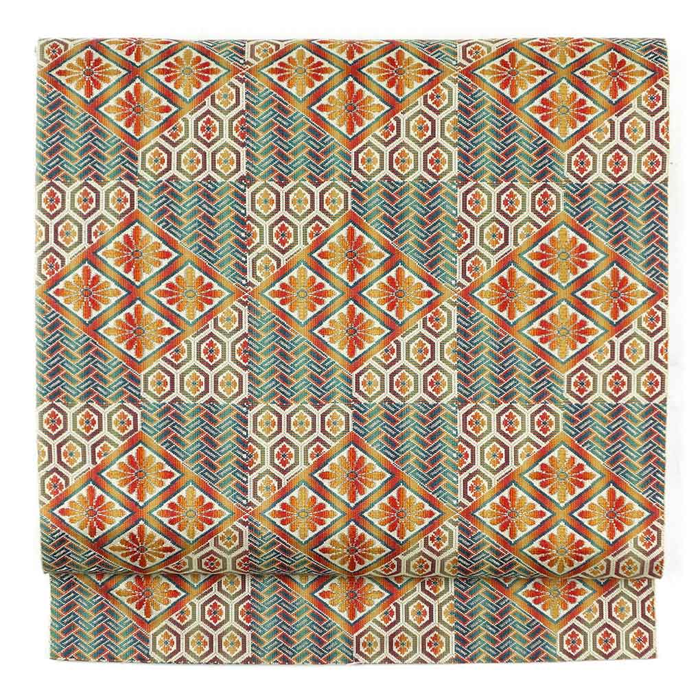 【中古】名古屋帯 リサイクル帯 幅31cm 長さ321cm レディース 亀甲 秋冬春用 正絹（シルク）ブルー 美品 リメイク リユース