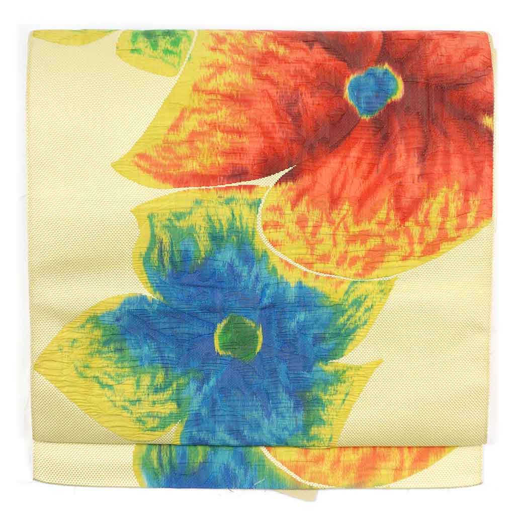 【中古】名古屋帯 リサイクル帯 幅30.5cm 長さ342cm レディース 花柄 秋冬春用 正絹（シルク）イエロー 美品 リメイク リユース