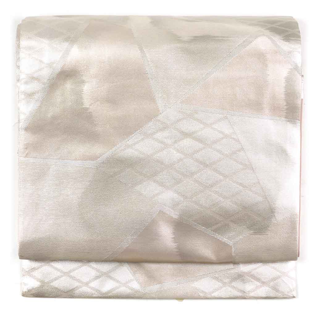 【中古】名古屋帯 リサイクル帯 幅30.5cm 長さ354cm レディース 連続模様 秋冬春用 正絹（シルク）シルバー 美品 リメイク リユース