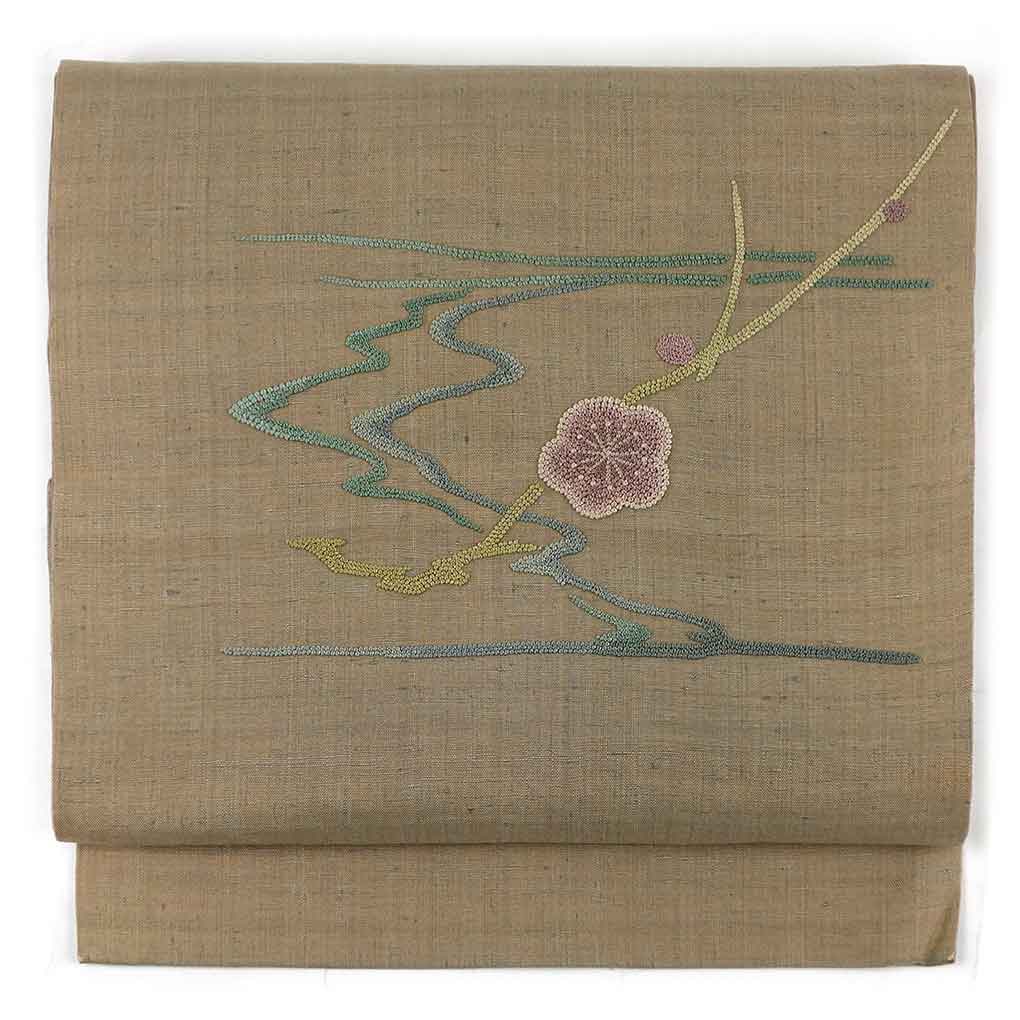 【中古】名古屋帯 リサイクル帯 幅30cm 長さ375cm レディース 相良刺繍 秋冬春用 正絹（シルク）ブラウン 美品 リメイク リユース