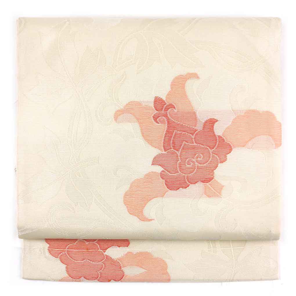 【中古】名古屋帯 リサイクル帯 幅32cm 長さ360cm レディース 花柄 夏用 正絹（シルク）ホワイト 美品 リメイク リユース