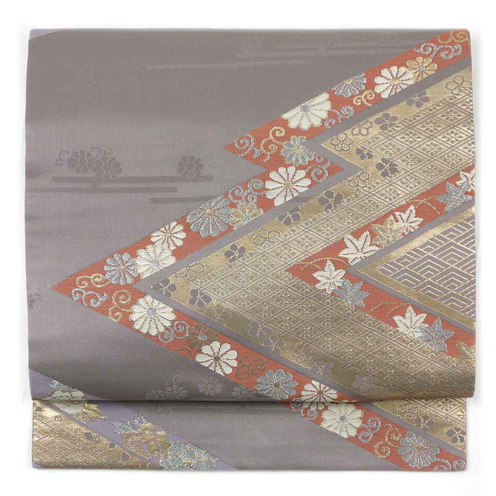 【中古】名古屋帯 リサイクル帯 幅30cm 長さ350cm レディース 松皮菱 秋冬春用 正絹（シルク）グレー 美品 リメイク リユース