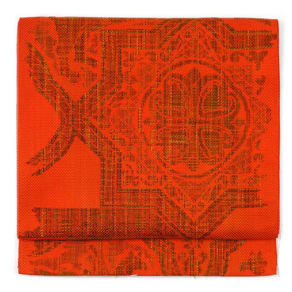 【中古】名古屋帯 リサイクル帯 幅30.5cm 長さ358cm レディース 抽象柄 秋冬春用 正絹（シルク）オレンジ 美品 渡文 リメイク リユース