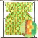 【中古】紬 リサイクル着物 身丈161cm 裄62cm 前幅23cm 後幅28cm 袖丈46cm 正絹(シルク) レディース 袷仕立 秋冬春用 緑地 裄Sサイズ...