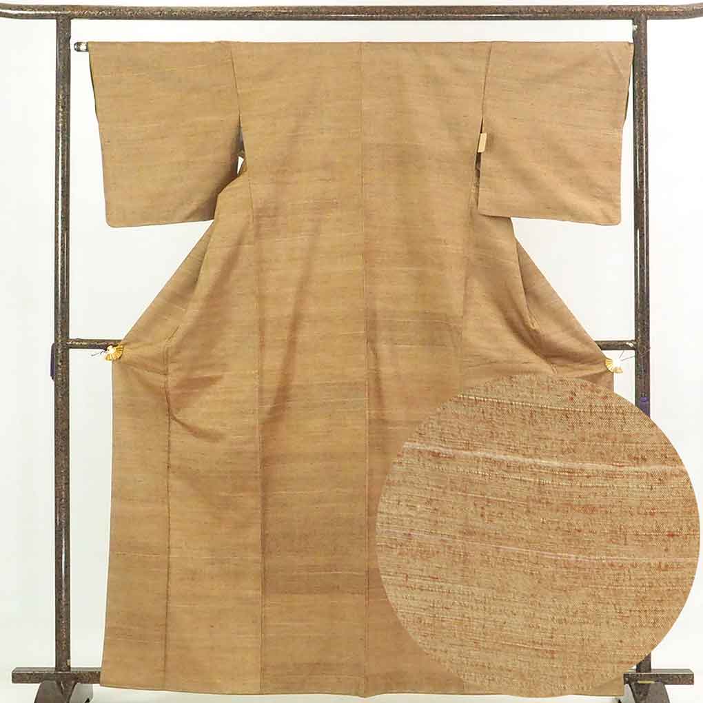 【中古】紬 リサイクル着物 身丈165cm 裄66cm 前幅23.5cm 後幅28.5cm 袖丈48cm 正絹(シルク) レディース 袷仕立 秋冬春用 茶色 裄Mサイズ トールサイズ 未使用品 リユース
