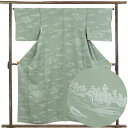 【中古】小紋 リサイクル着物 身丈156cm 裄65cm 前幅24cm 後幅30cm 袖丈45cm 袖幅33.5cm レディース 袷 連続模様 裄Mサイズ 秋冬春用 正絹(シルク)緑地 やや難 リメイク リユース