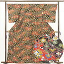 【中古】小紋 リサイクル着物 身丈164cm 裄65cm 前幅23cm 後幅28cm 袖丈52cm 正絹(シルク) レディース 袷仕立 秋冬春用 黒地 裄Mサイ...